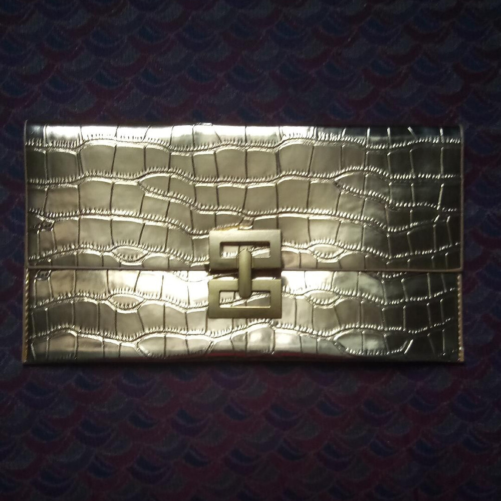 Metallic Croc Embossed Clutch Envelope Bag Gold Tone